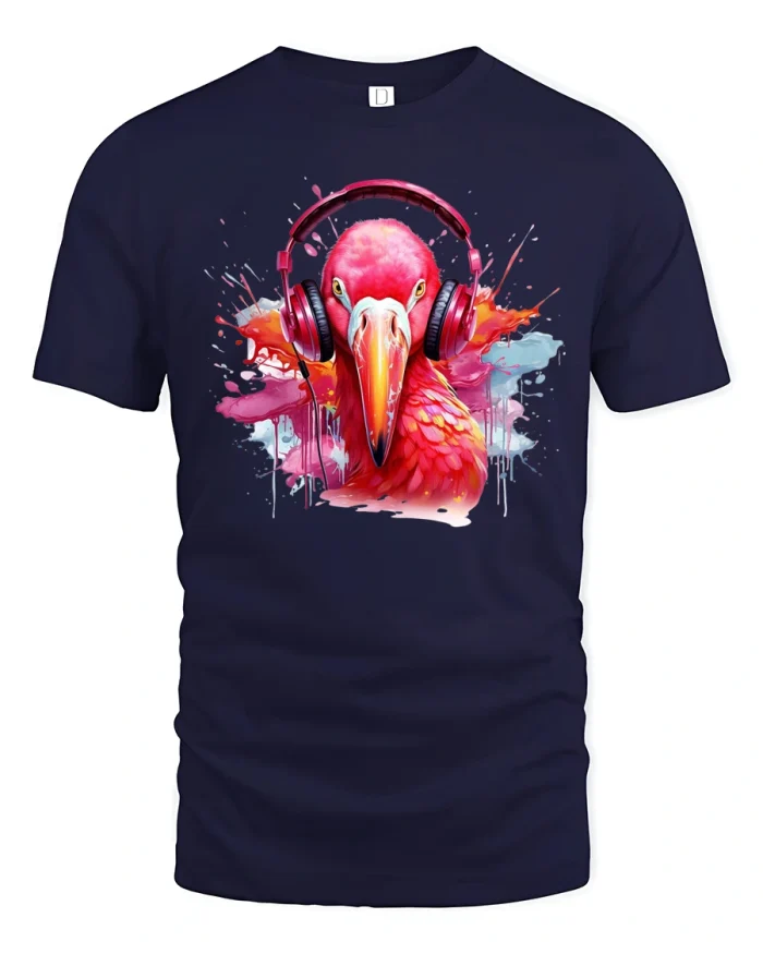 Color Splash Flamingo Music Headphones Graphic Tee Tshirt - navy t-shirt on white background