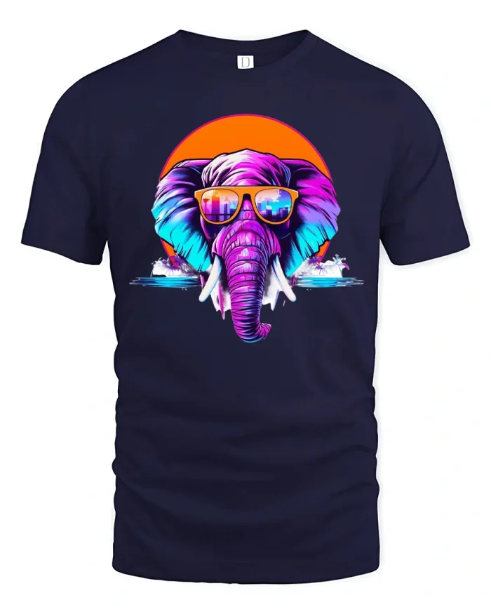 Neon Elephant Sunglasses Retro Wave Graphic Tee Tshirt - navy t-shirt on white background