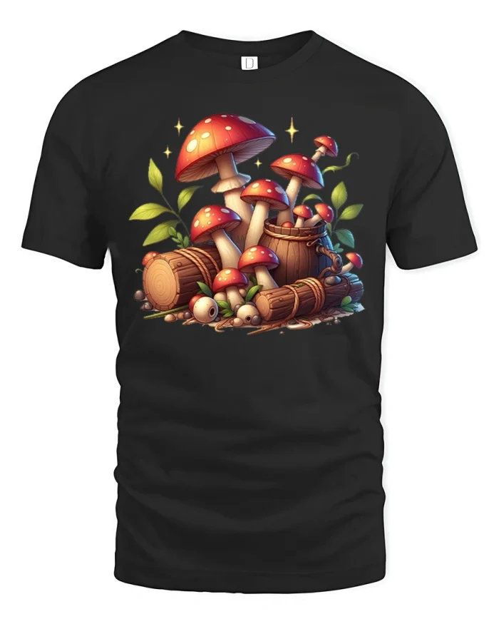 Magical Forest Mushroom Illustration Graphic T Shirt Tee - black t-shirt on white background
