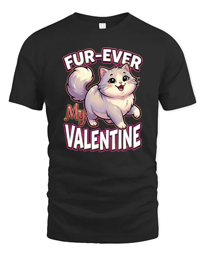 Fur Ever My Valentine Cute Cat Love Cartoon Graphic T Shirt Tee - black t-shirt on white background