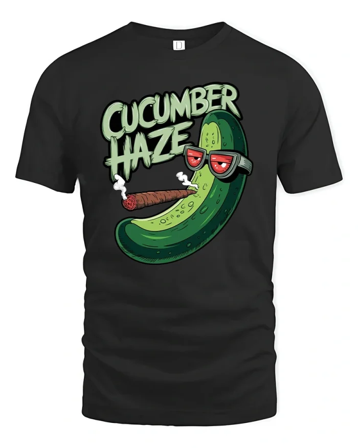 Cucumber Haze Funny Stoner Cartoon Graphic T Shirt Tee - black t-shirt on white background