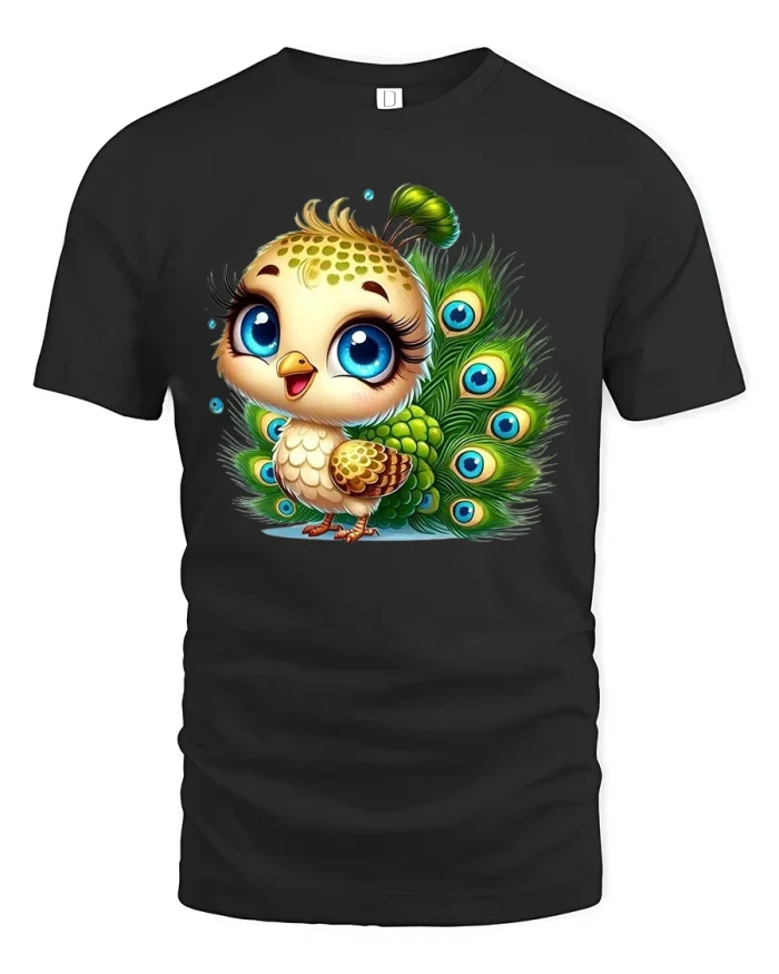 Cute Baby Peacock Cartoon Illustration Adorable T Shirt Tee - black t-shirt on white background