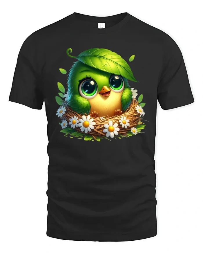Cute Green Baby Bird Nest Nature Cartoon Graphic T Shirt Tee - black t-shirt on white background