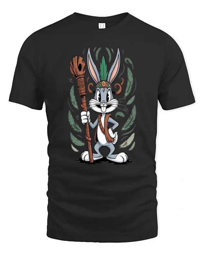 Tribal Warrior Rabbit Cartoon Fantasy Illustration T Shirt Tee - black t-shirt on white background
