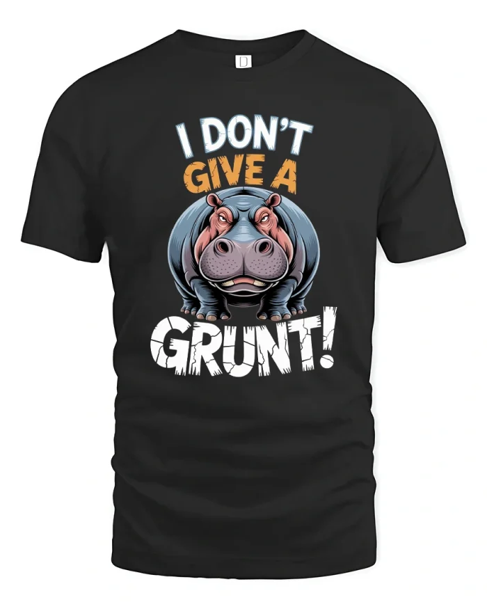 I Dont Give A Grunt Funny Hippo Cartoon Graphic T Shirt Tee - black t-shirt on white background