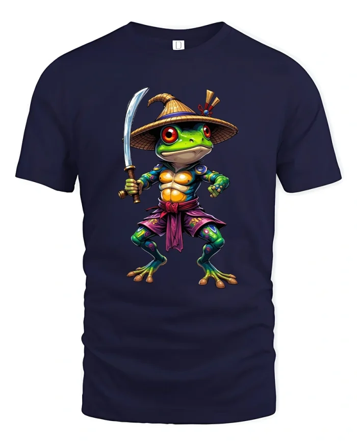 Samurai Frog Warrior Cartoon Fantasy Illustration T Shirt Tee - navy t-shirt on white background