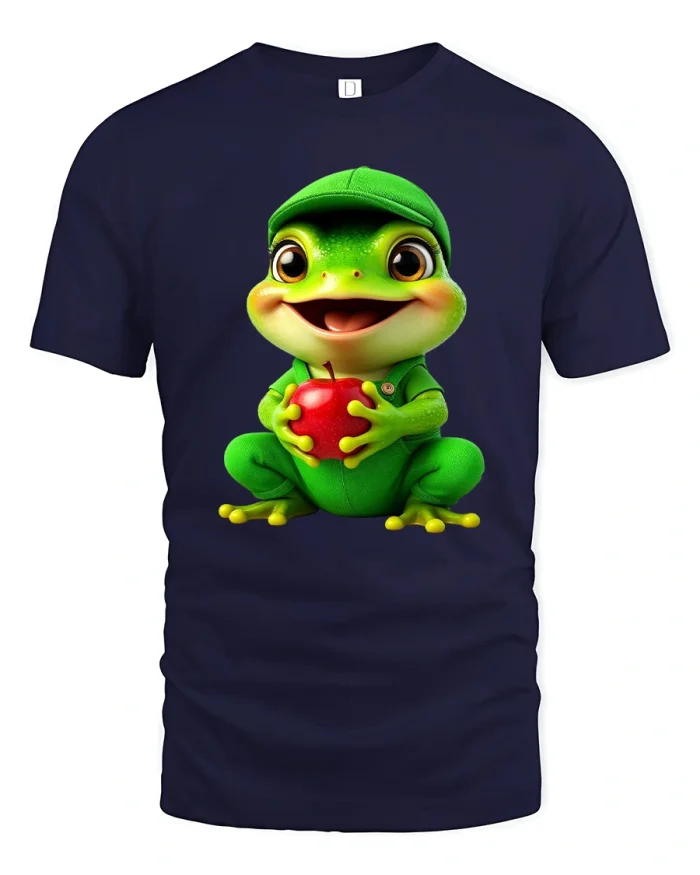 Cute Frog Holding Apple Cartoon Graphic T Shirt Tee - navy t-shirt on white background