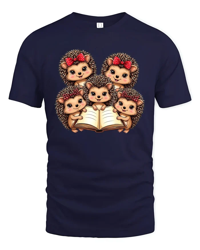 Cute Hedgehog Family Reading Book Cartoon Graphic T Shirt Tee - navy t-shirt on white background