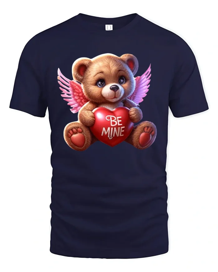 Cute Angel Bear Be Mine Valentine Love Cartoon T Shirt Tee - navy t-shirt on white background