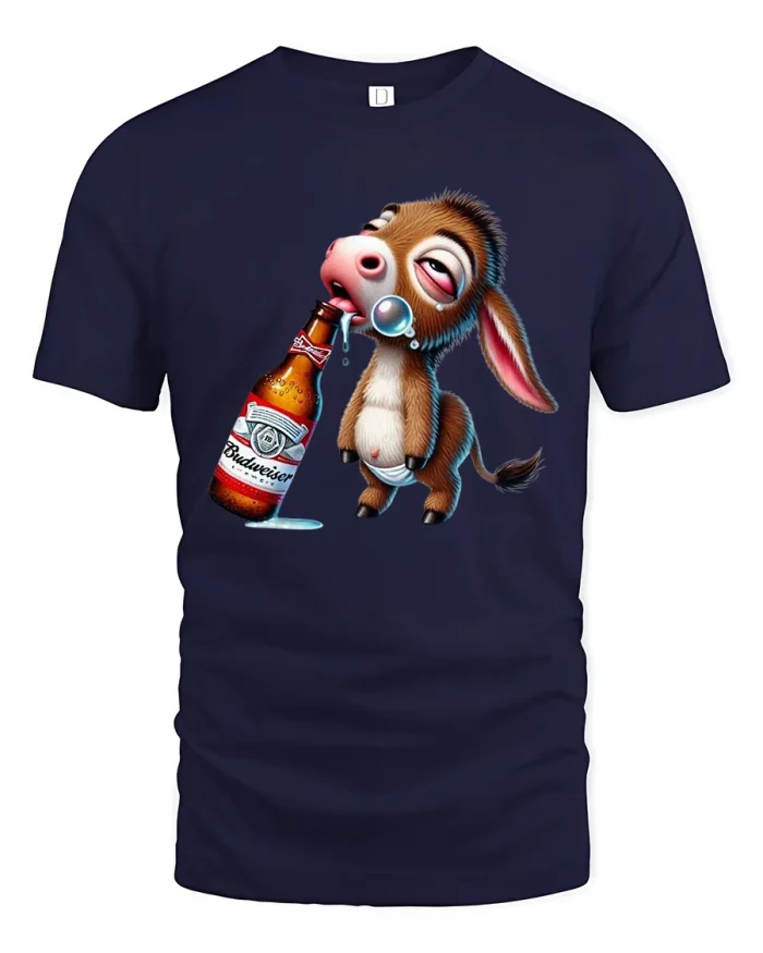 Funny Drunk Donkey Cartoon Party Humor Graphic T Shirt Tee - navy t-shirt on white background