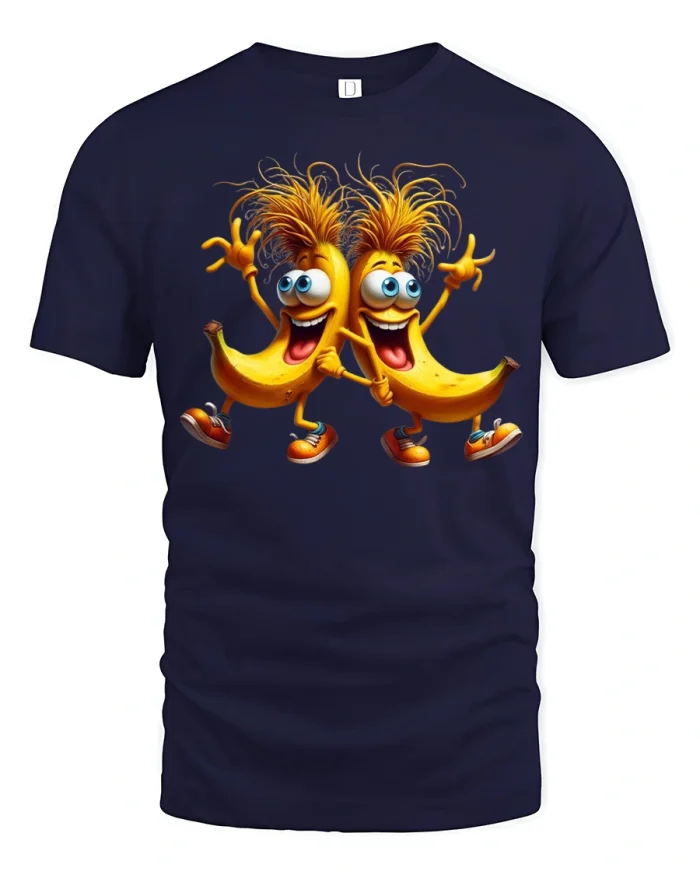 Funny Dancing Banana Duo Cartoon Happy Graphic T Shirt Tee - navy t-shirt on white background