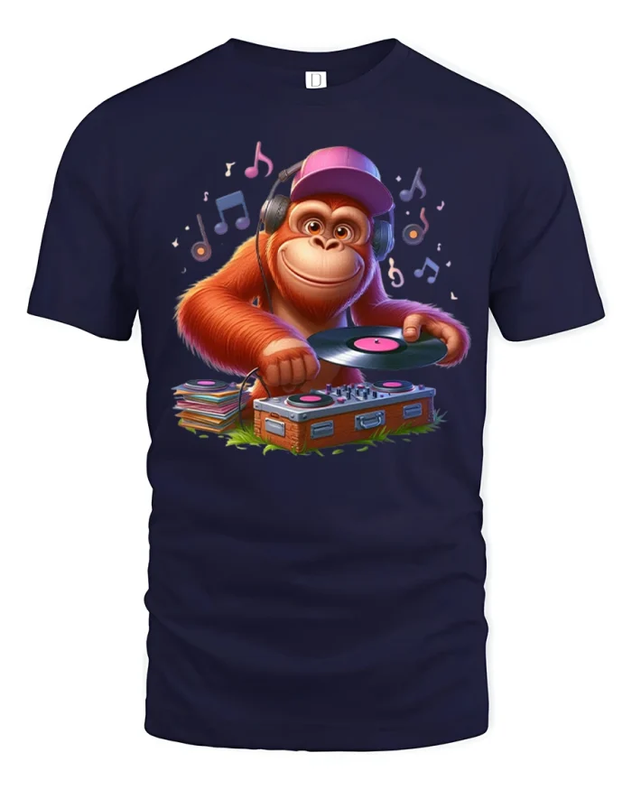 Cool DJ Monkey Spinning Vinyl Music Cartoon Graphic T Shirt Tee - navy t-shirt on white background