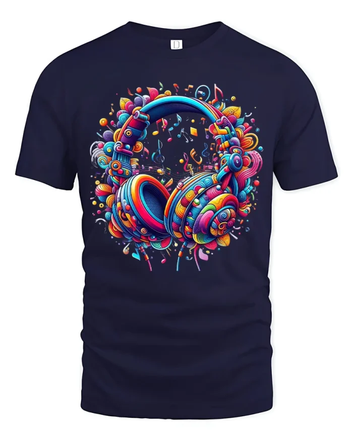 Colorful Music Headphones Art Graphic T Shirt Tee - navy t-shirt on white background