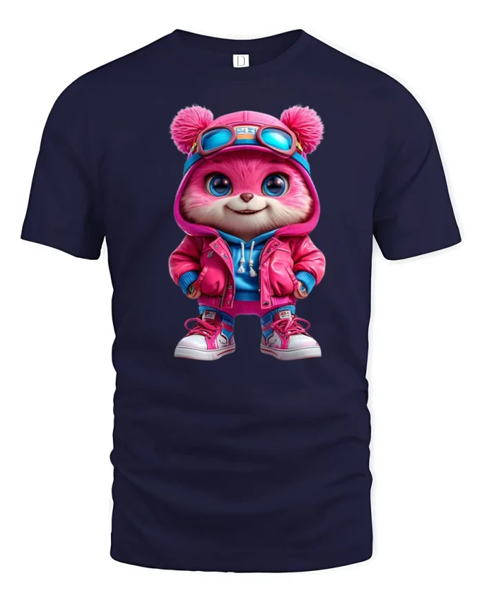 Cute Pink Bear Streetwear Cartoon Graphic T Shirt Tee - navy t-shirt on white background