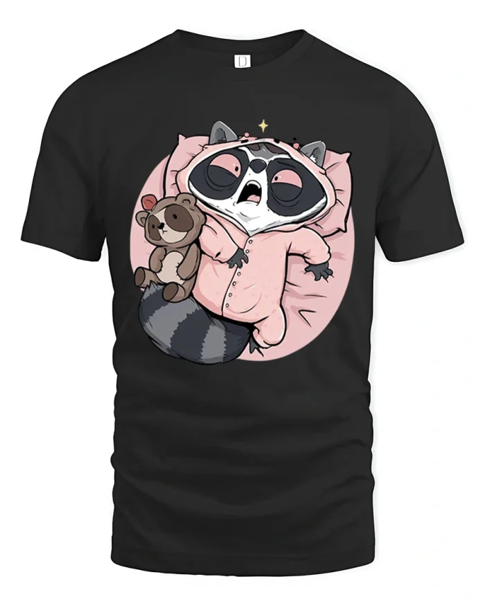 Sleepy Raccoon Pajama Tee Cute Cozy Cartoon Nighttime Art - black t-shirt on white background