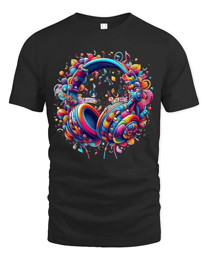 Colorful Music Headphones Tee Vibrant Sound Art Graphic - black t-shirt on white background