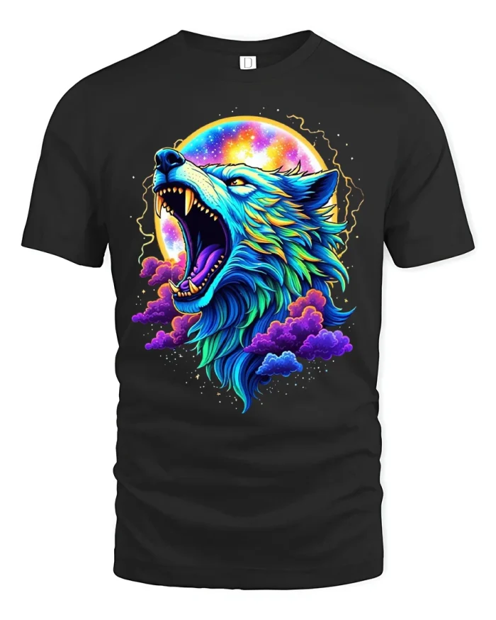 Cosmic Wolf Moon Art Graphic T Shirt Tee With Neon Colors - black t-shirt on white background