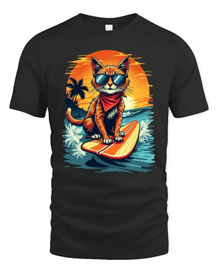 Cool Surfing Cat Sunset Beach Art Graphic T Shirt Tee - black t-shirt on white background