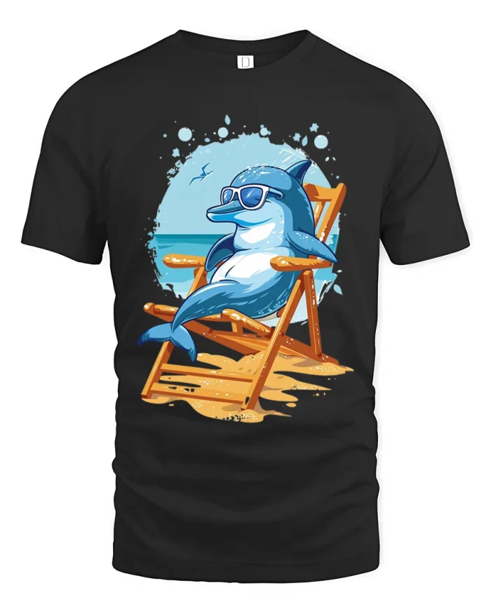 Chill Dolphin Beach Chair Summer Ocean Art Graphic T Shirt Tee - black t-shirt on white background