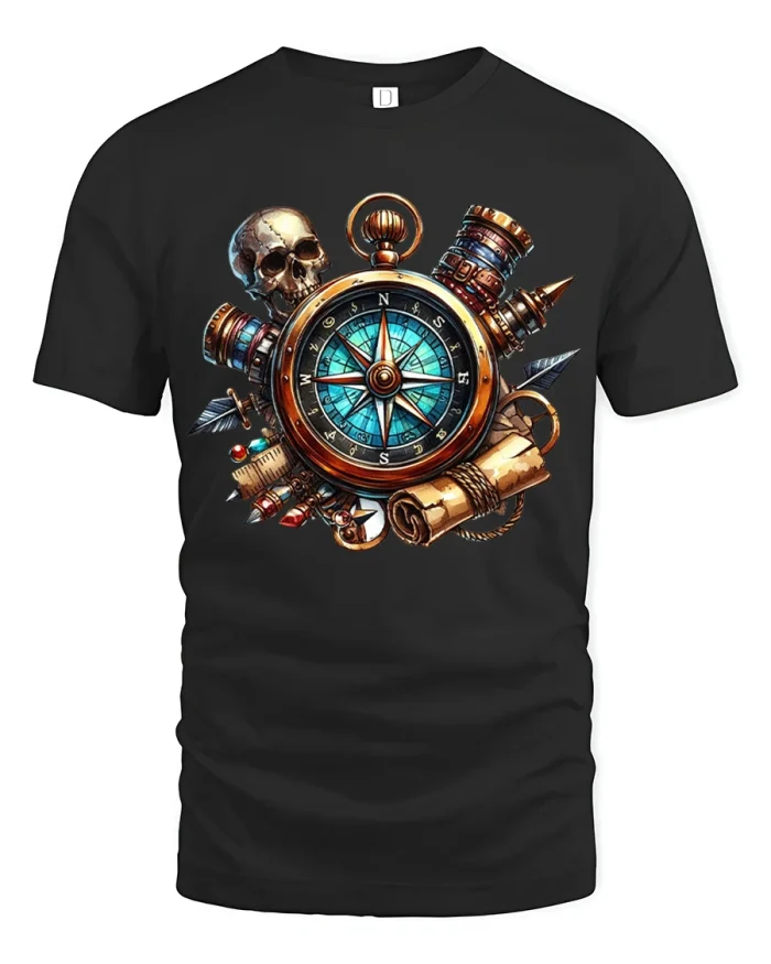 Steampunk Pirate Compass Skull Adventure Graphic T Shirt Tee - black t-shirt on white background