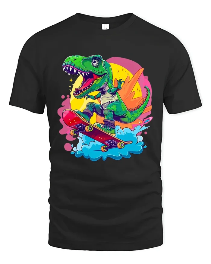 Skateboarding Dinosaur Graphic Tee Funny Colorful Dino T Shirt - black t-shirt on white background