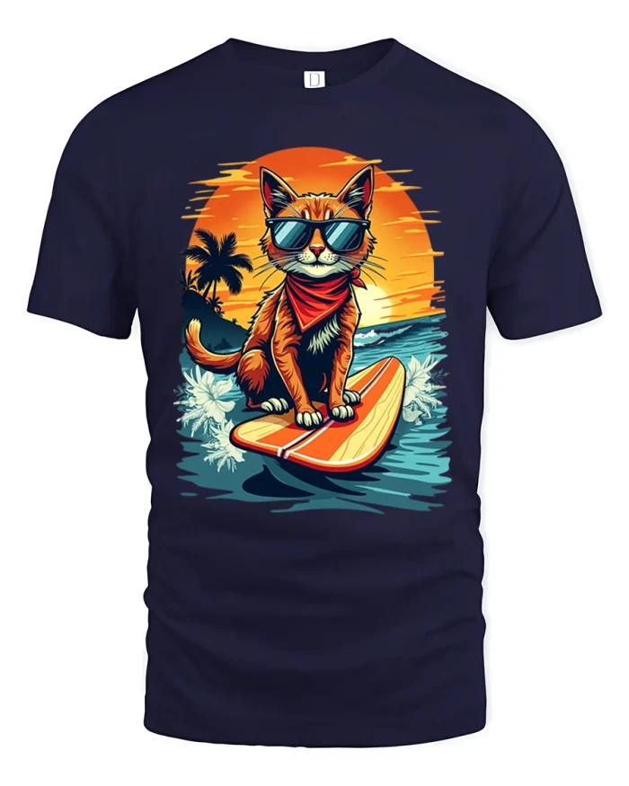 Cool Surfing Fox Graphic Tee Sunset Beach Animal Art Tshirt - navy t-shirt on white background