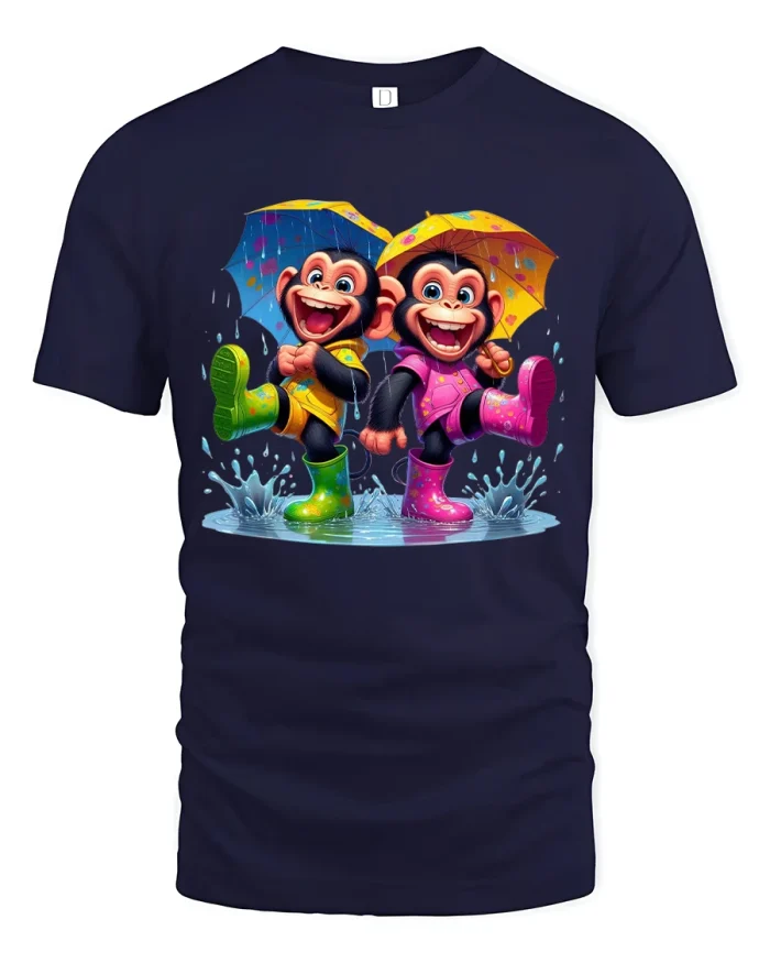 Happy Rainy Day Monkeys Cartoon Graphic Tee Cute Animal Tshirt - navy t-shirt on white background