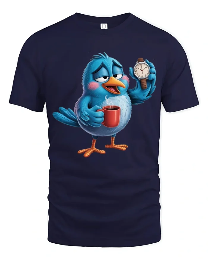 Sleepy Coffee Bird Morning Humor Cartoon Graphic Tshirt Tee - navy t-shirt on white background