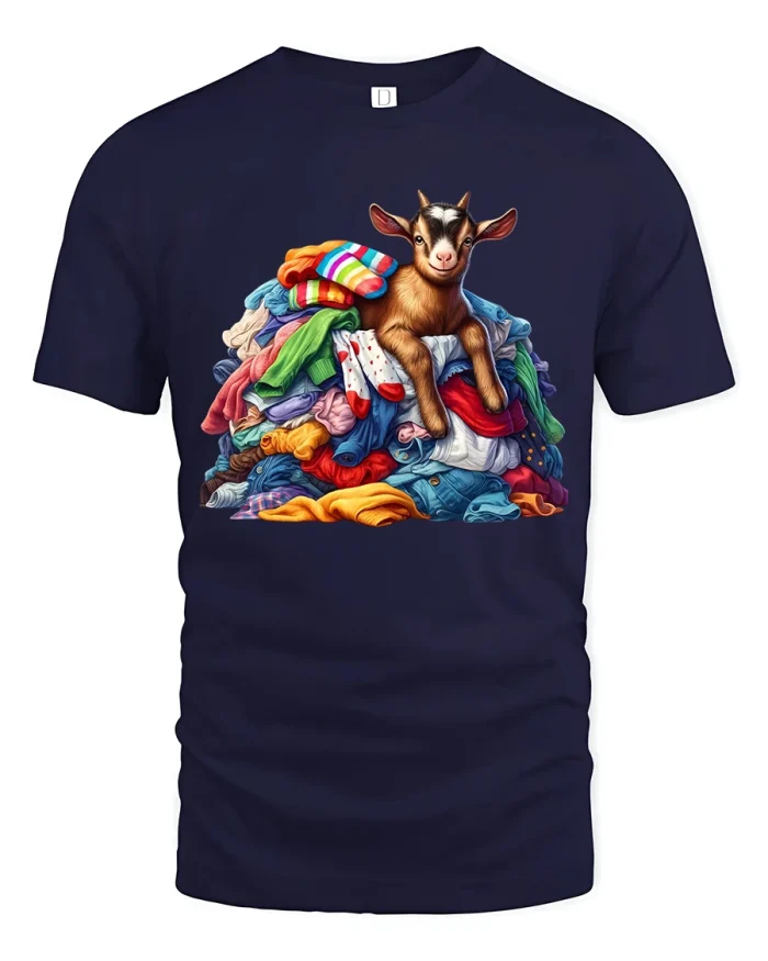 Funny Goat Sitting On Laundry Pile Cartoon Graphic Tshirt Tee - navy t-shirt on white background