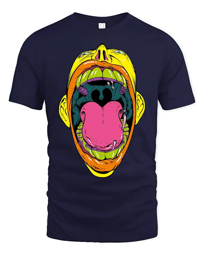 Colorful Screaming Face Pop Art Graphic Tshirt Tee Design - navy t-shirt on white background