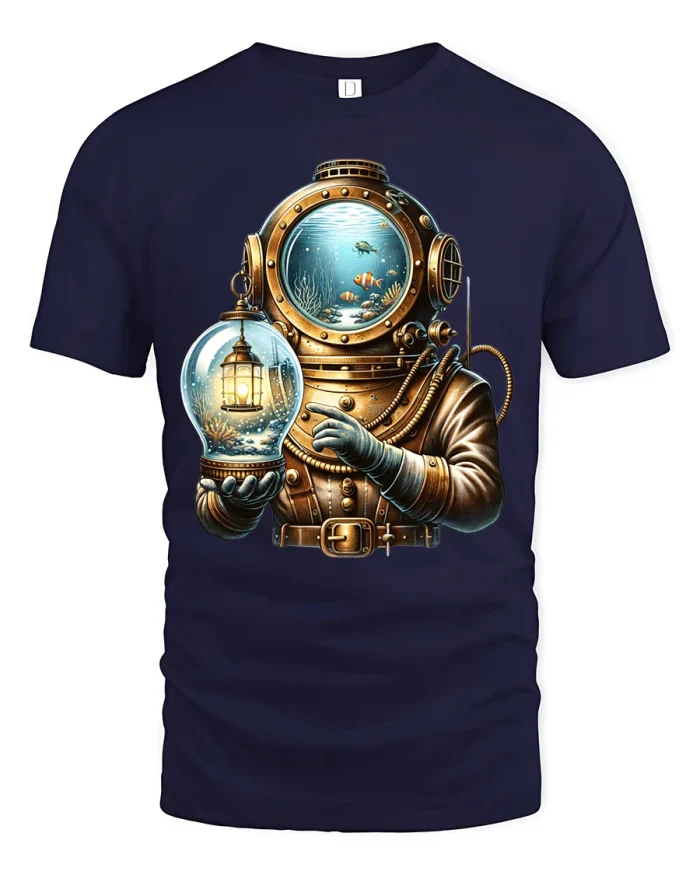 Vintage Deep Sea Diver Fantasy Illustration Graphic Tshirt Tee - navy t-shirt on white background