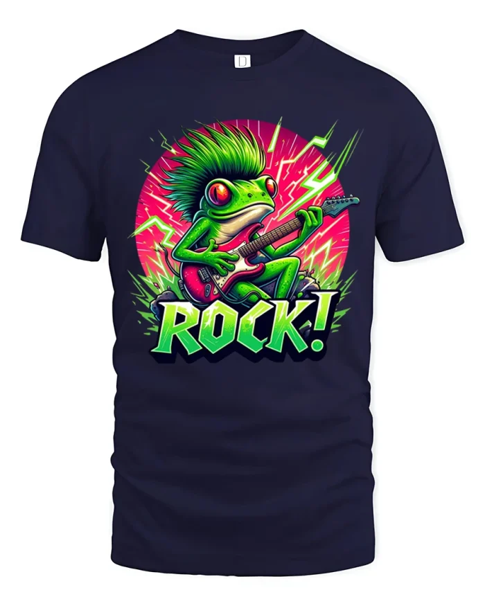 Rock Frog Electric Guitar Punk Art Graphic Tshirt Tee - navy t-shirt on white background