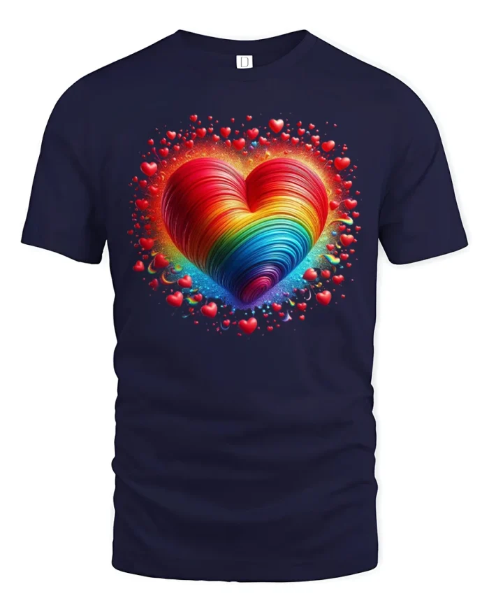Colorful Rainbow Heart Love Explosion Art Graphic Tshirt Tee - navy t-shirt on white background