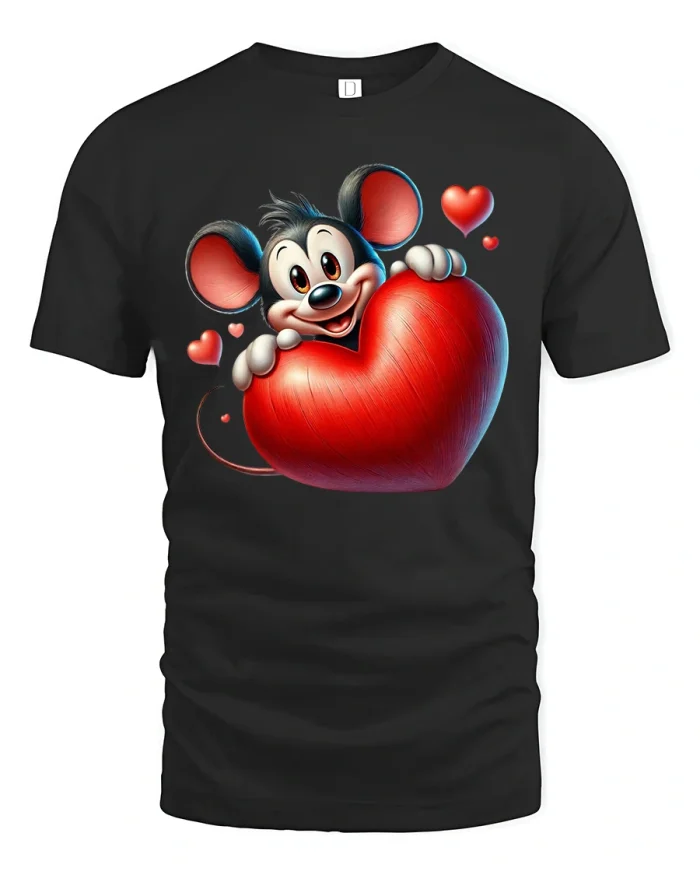 Cute Cartoon Mouse Tshirt Holding Big Heart Love Art - black t-shirt on white background