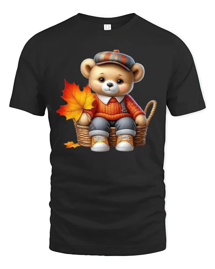 Cute Autumn Teddy Bear Tshirt With Cozy Fall Cartoon Art - black t-shirt on white background