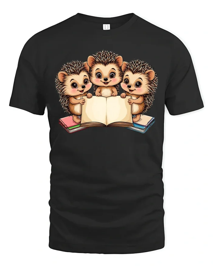Cute Hedgehog Reading Books Tshirt With Adorable Cartoon Art - black t-shirt on white background