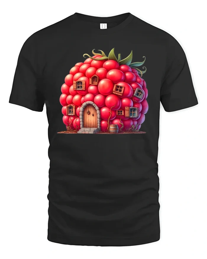 Whimsical Raspberry House Tshirt With Fantasy Fruit Art Design - black t-shirt on white background