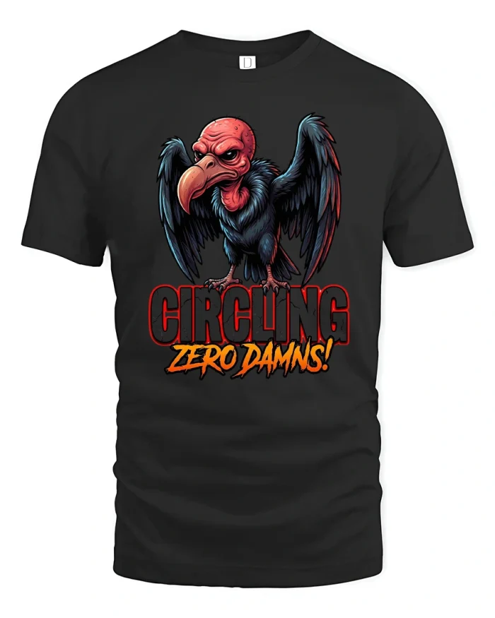 Circling Zero Damns Vulture Tshirt With Bold Attitude Art - black t-shirt on white background