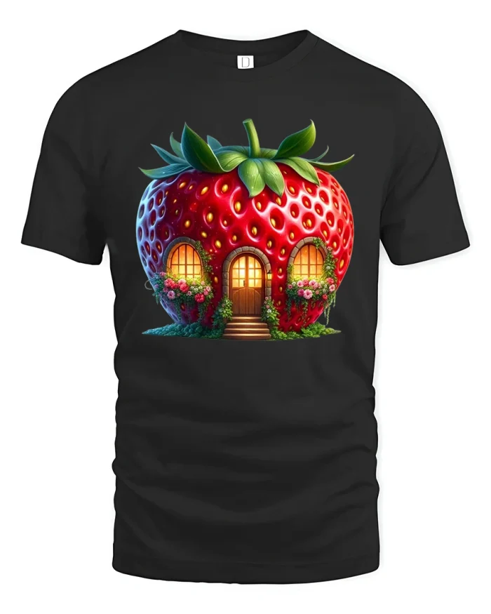 Whimsical Strawberry House Tshirt With Fantasy Cottage Art - black t-shirt on white background