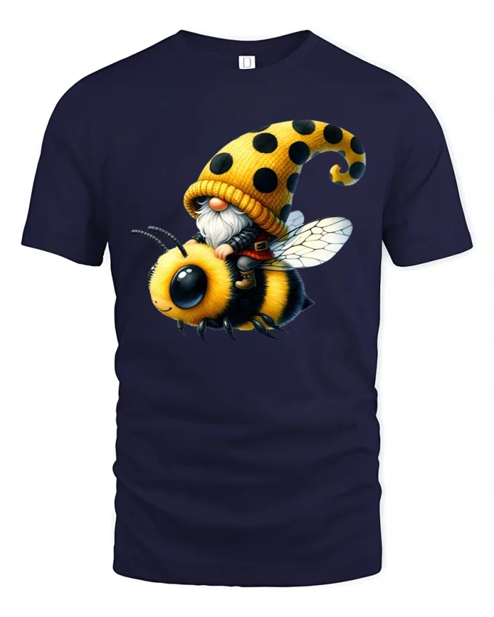 Cute Gnome Riding Bee Tshirt With Whimsical Fantasy Art - navy t-shirt on white background