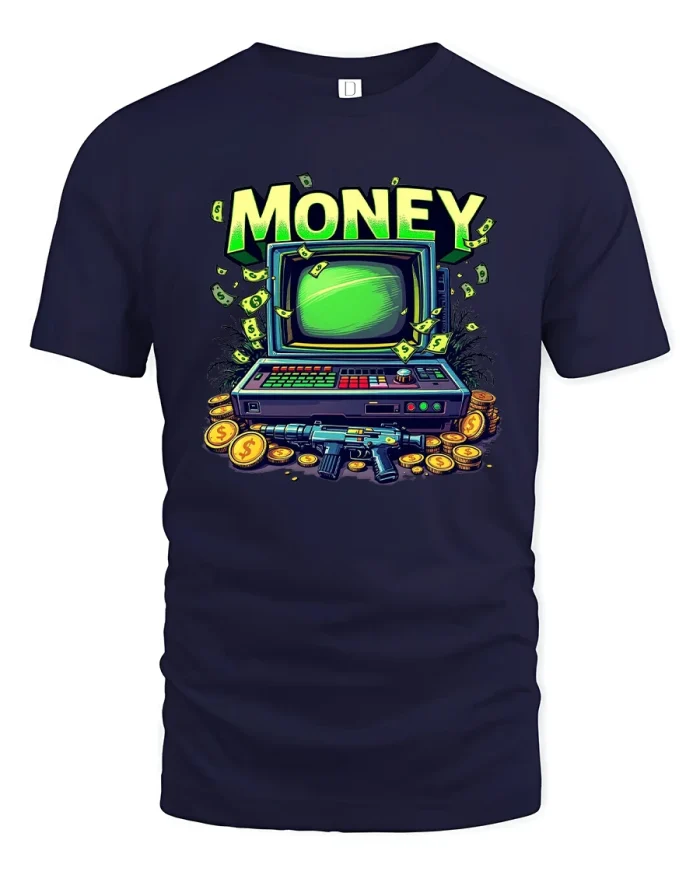 Money Retro Computer Tshirt With Cash And Bold Street Art - navy t-shirt on white background