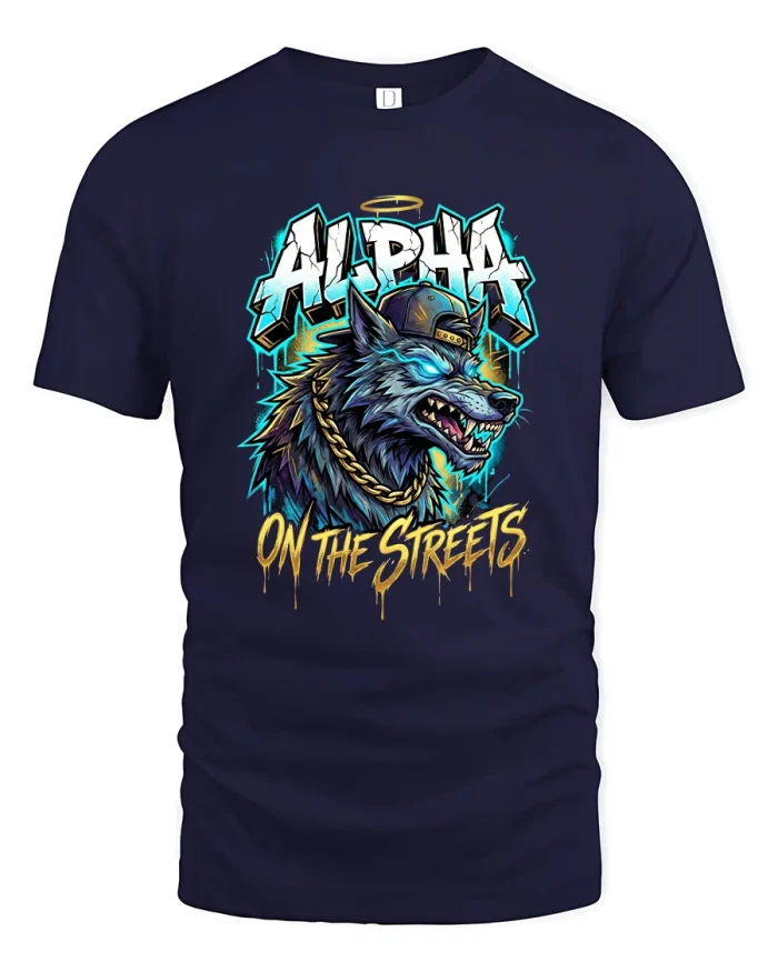 Alpha On The Streets Wolf Tshirt Street Art Graphic - navy t-shirt on white background