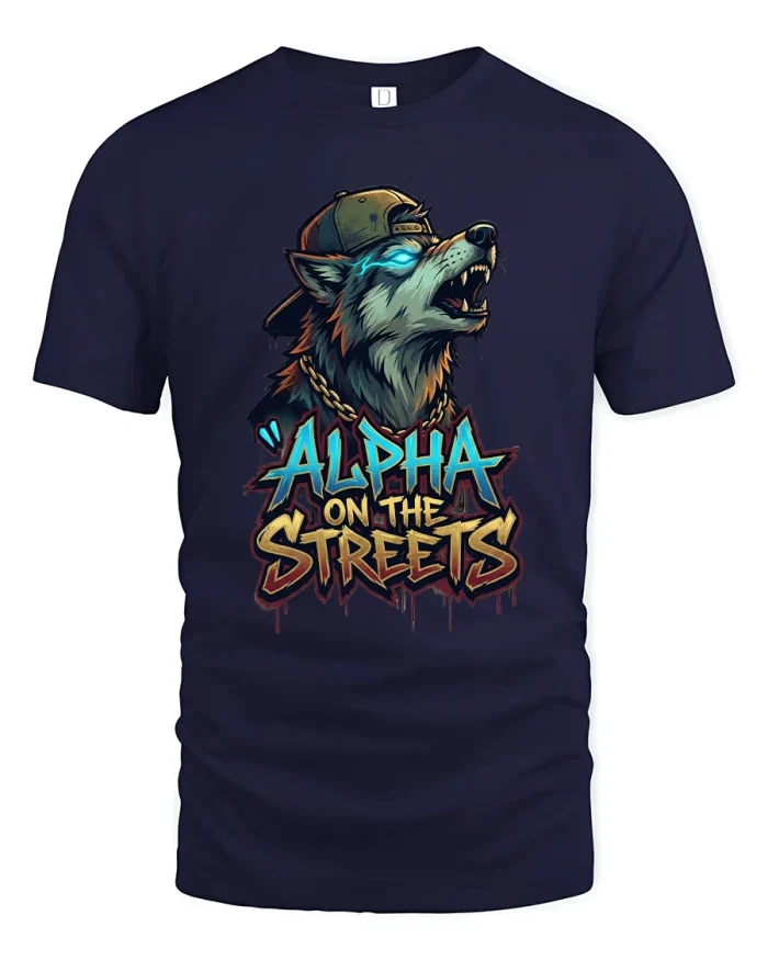 Alpha On The Streets Wolf Tshirt With Fierce Urban Art - navy t-shirt on white background