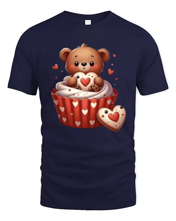 Cute Teddy Bear Cupcake Tshirt With Sweet Heart Design - navy t-shirt on white background