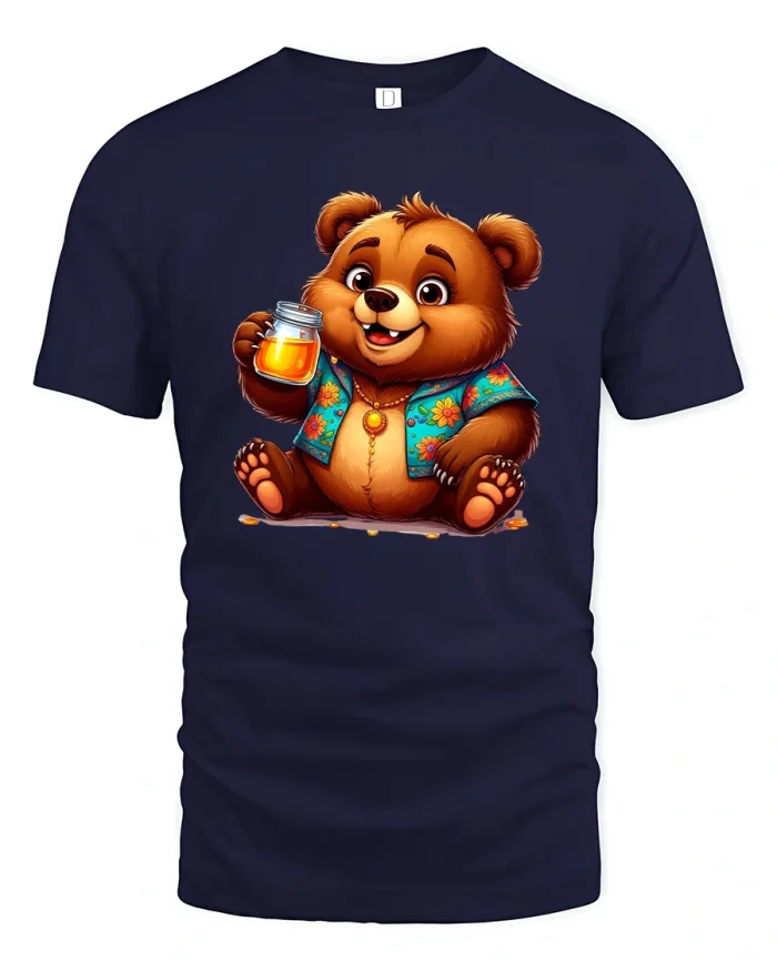Cute Honey Bear Tshirt With Smiling Cartoon Bear Art - navy t-shirt on white background
