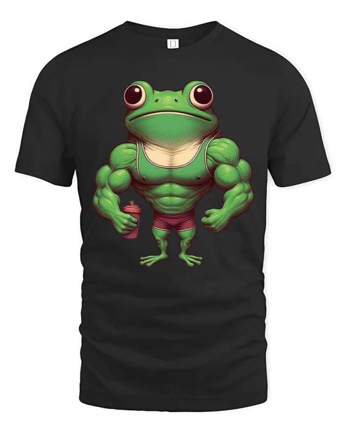 Funny Muscle Frog Tshirt With Bodybuilder Cartoon Design - black t-shirt on white background