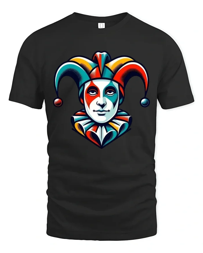Colorful Jester Mask T Shirt With Bold Artistic Carnival Style - black t-shirt on white background