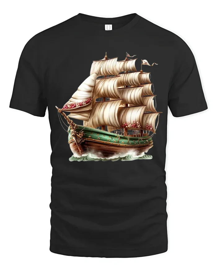 Vintage Sailing Ship Tshirt With Classic Nautical Art - black t-shirt on white background