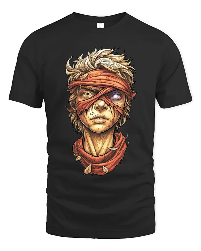 Blindfolded Warrior Portrait T Shirt With Dark Fantasy Art - black t-shirt on white background