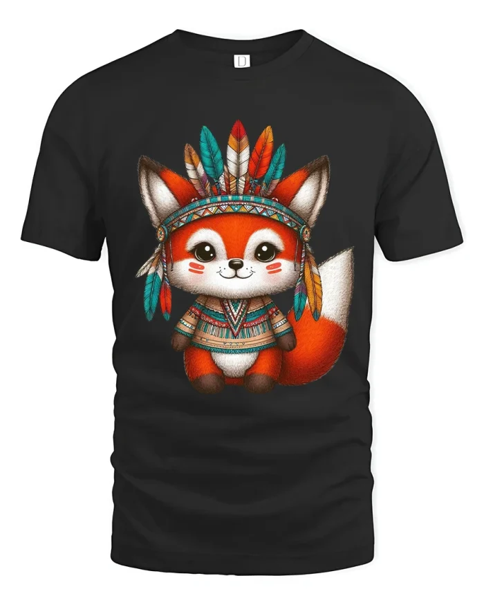 Cute Fox Character T Shirt With Colorful Tribal Feather Style - black t-shirt on white background